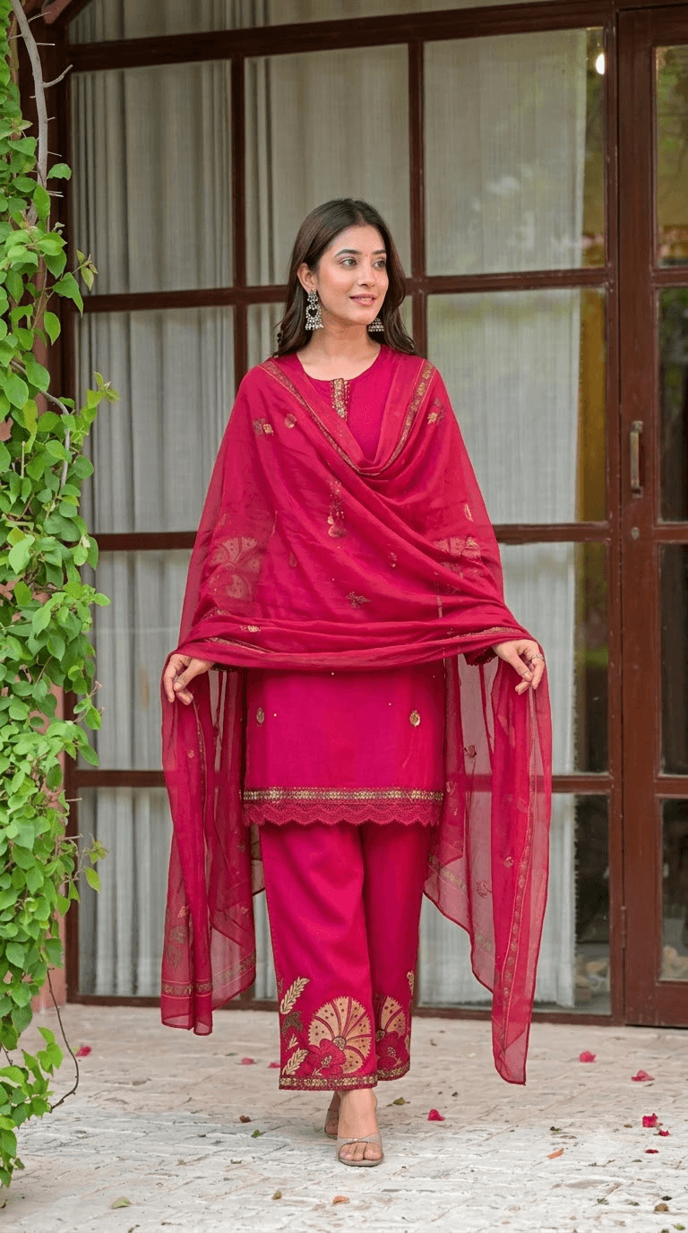 Rani Pink Embroidered Cotton Kurta with Palazzo and Dupatta Set