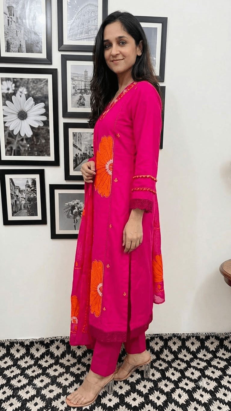 Hot Pink Embroidered Cotton Kurta, Salwar with Dupatta Set