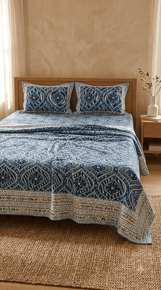Blue and Indigo Block-Print Style Cotton Double Bedsheet with Pillow Covers