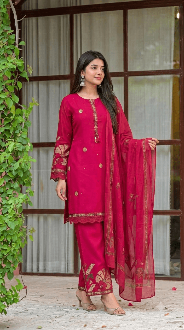 Rani Pink Embroidered Cotton Kurta with Palazzo and Dupatta Set