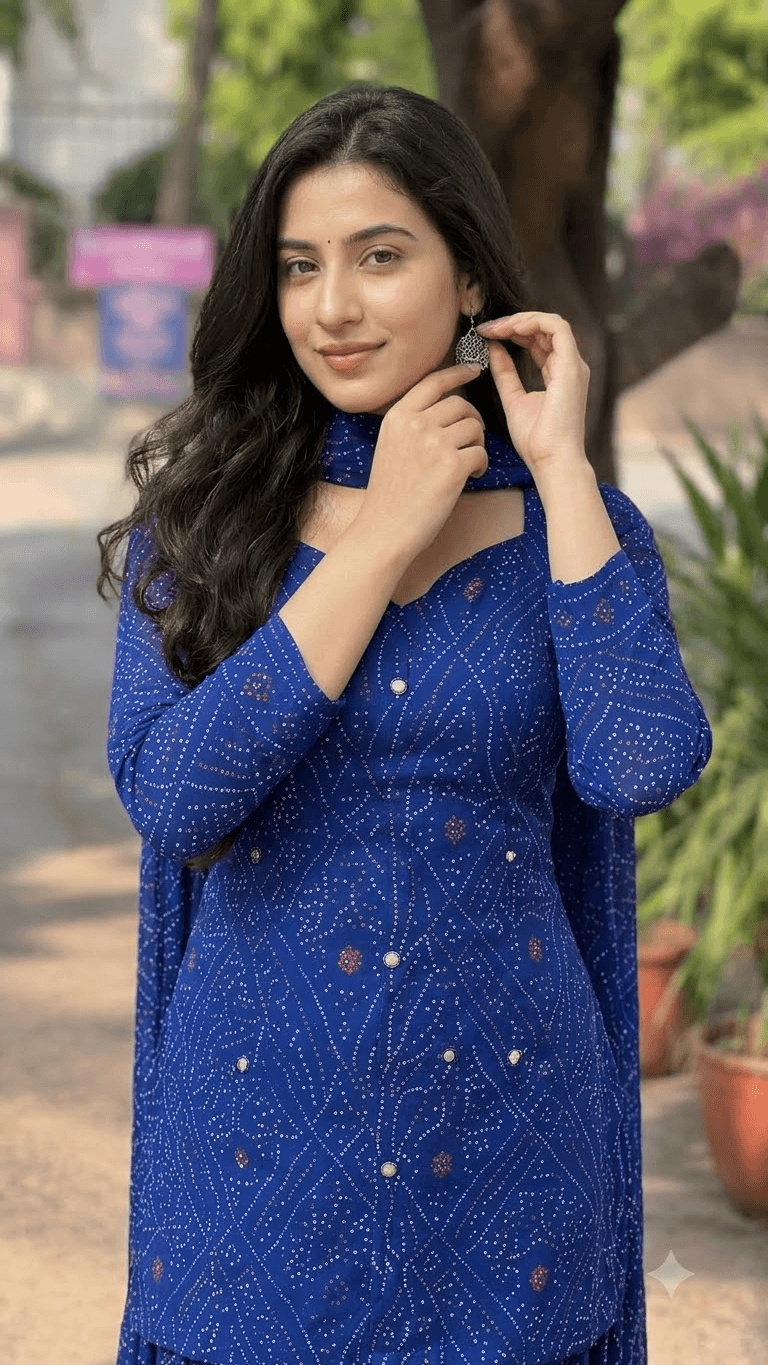 Women Royal Blue Bandhani Printed Cotton Patiyala Salwar Suit Set with Dupatta