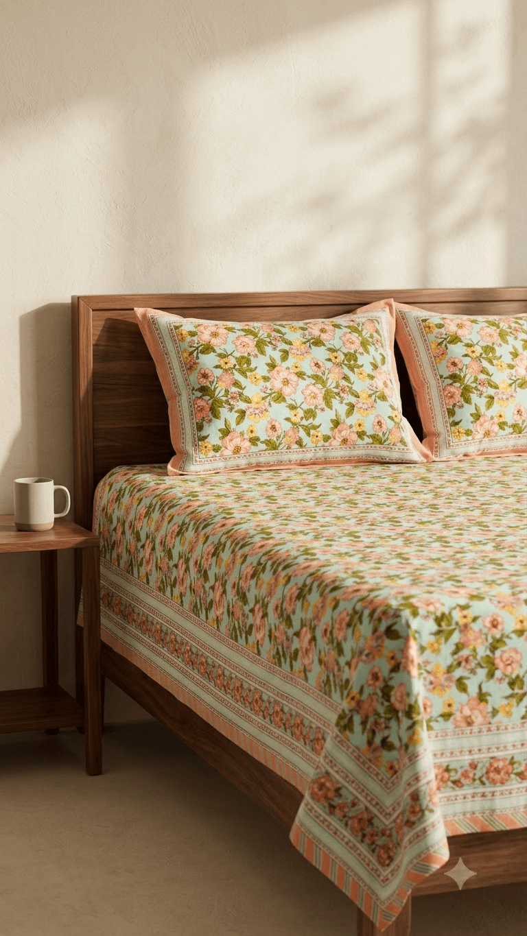 Mint Green and Peach Floral Block-Print Style Cotton Double Bedsheet with Pillow Covers
