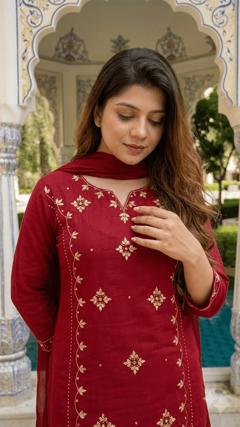 Maroon Embroidered Cotton Kurta with Sharara and Dupatta Set