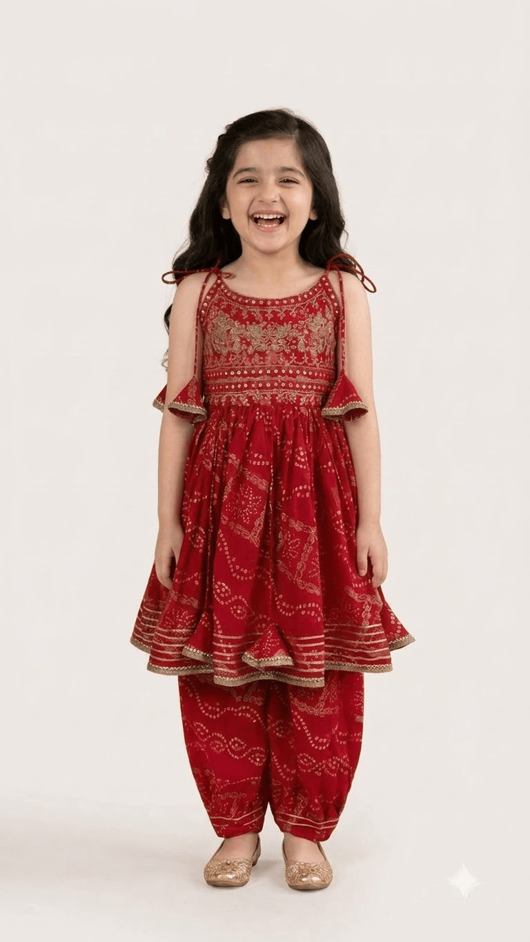 Girls Red Bandhani Printed Cotton Peplum Kurta with Dhoti Pant Set
