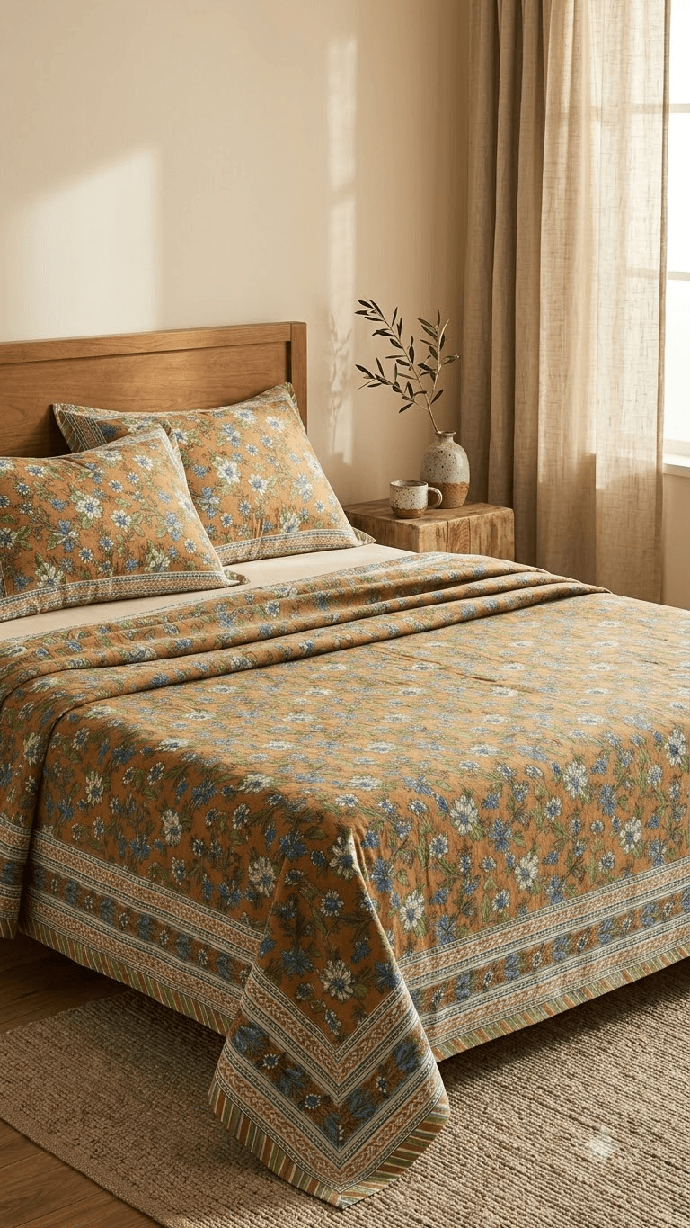 Mustard and Blue Floral Block-Print Style Cotton Double Bedsheet with Pillow Covers