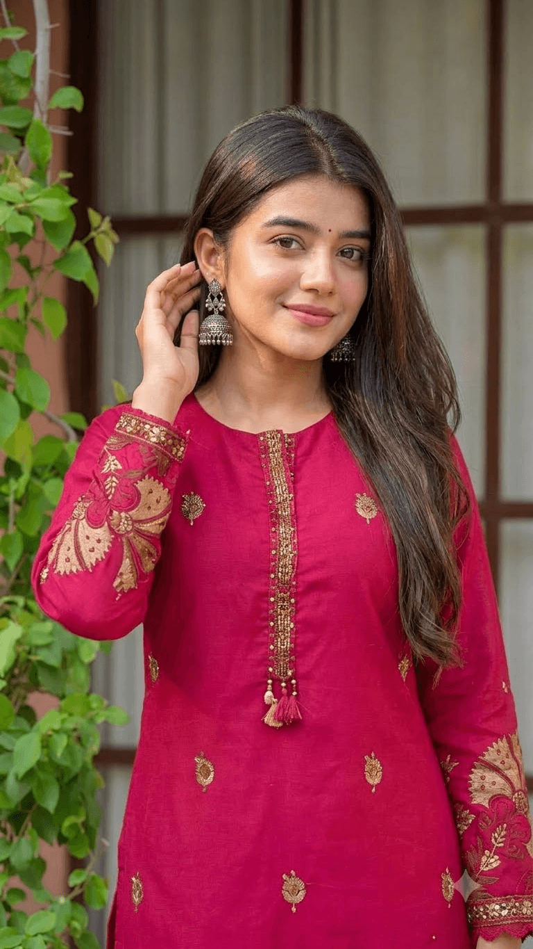 Rani Pink Embroidered Cotton Kurta with Palazzo and Dupatta Set