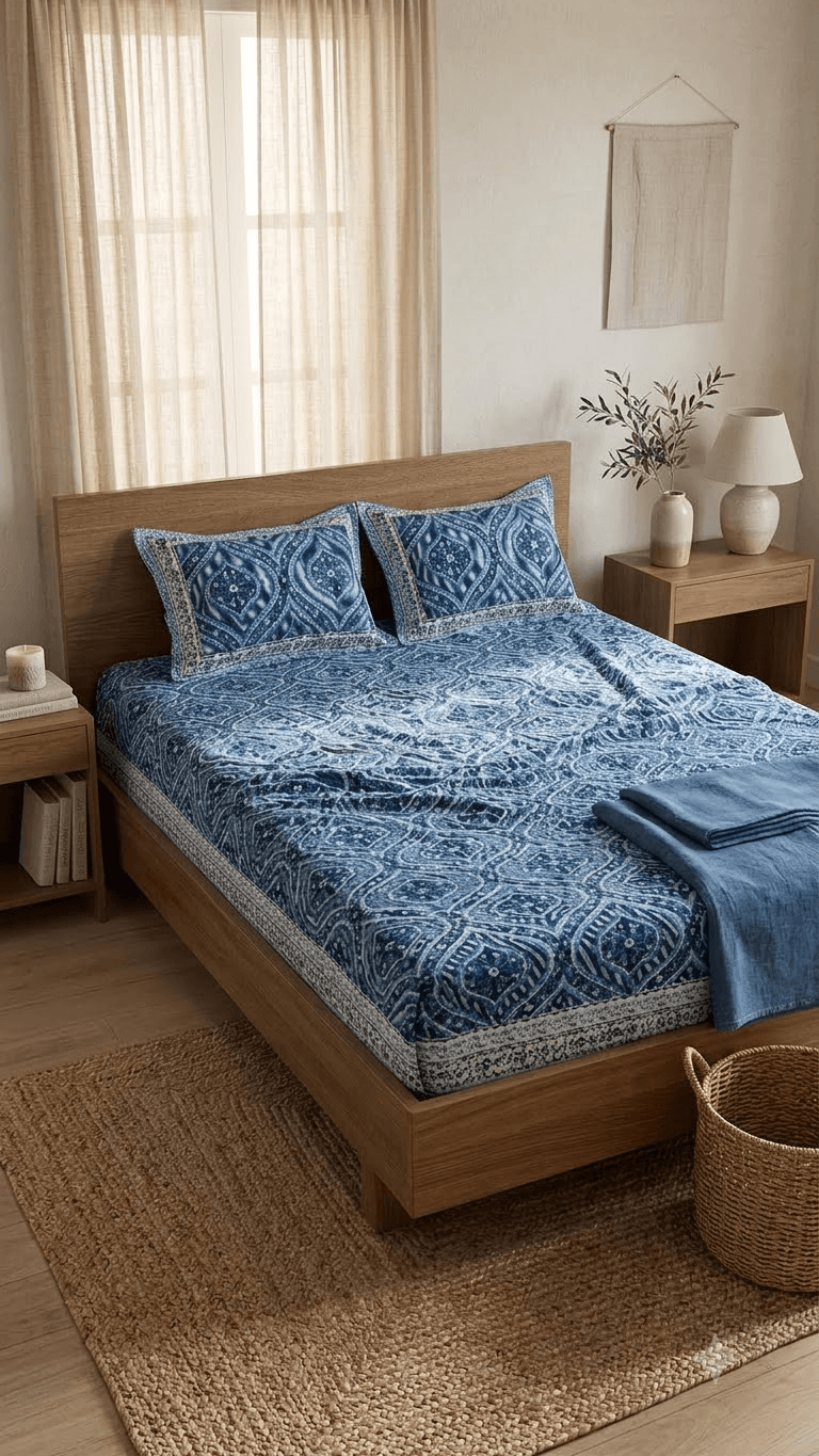 Blue and Indigo Block-Print Style Cotton Double Bedsheet with Pillow Covers