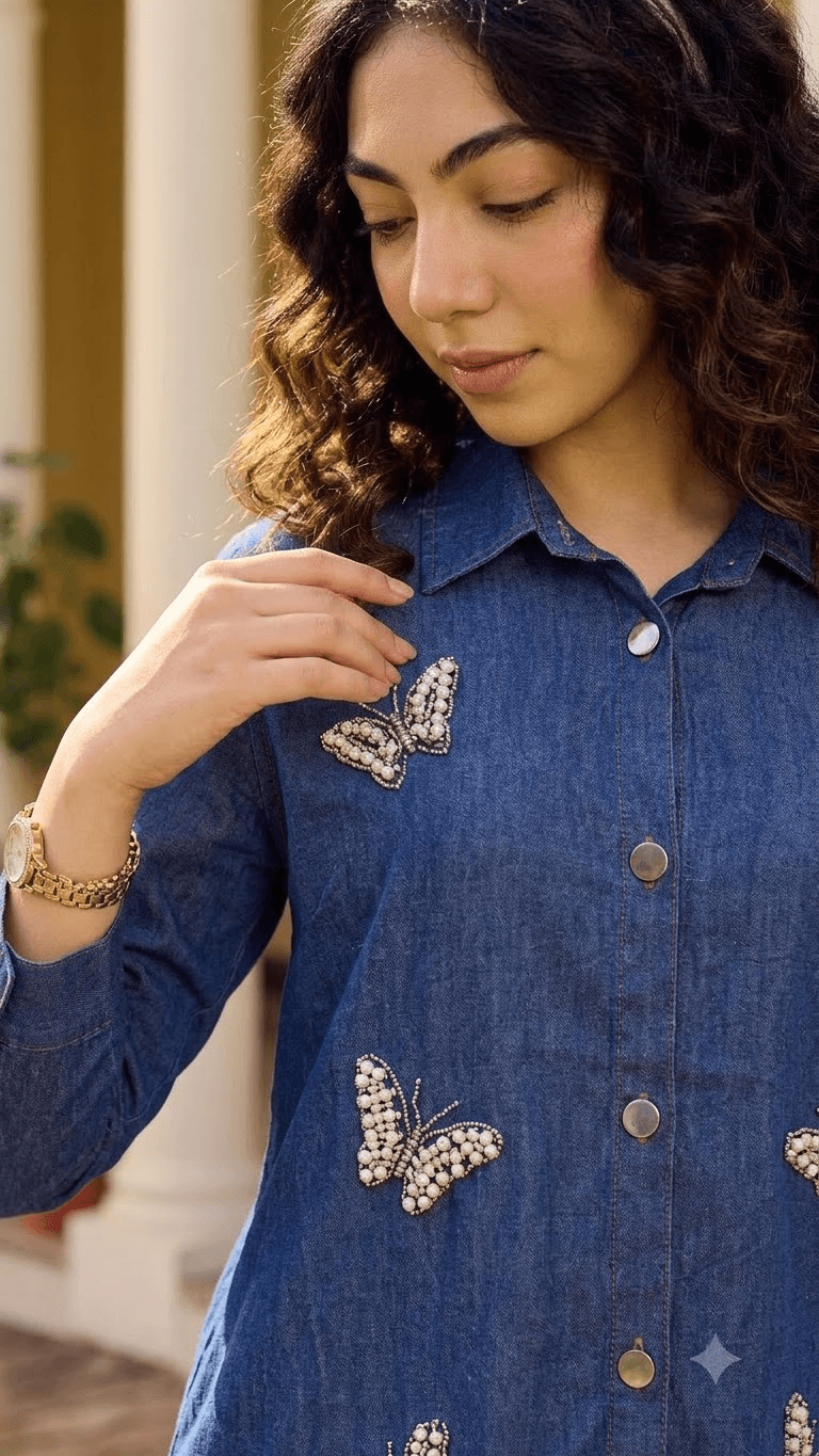 Blue Butterfly-Embroidered Denim Tunic Shirt with Wide-Leg Trouser Set   - satrangihouse
