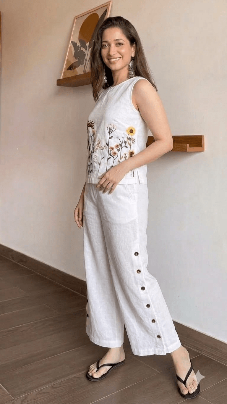 White Embroidered Cotton Sleeveless Top with Wide-Leg Trouser Set