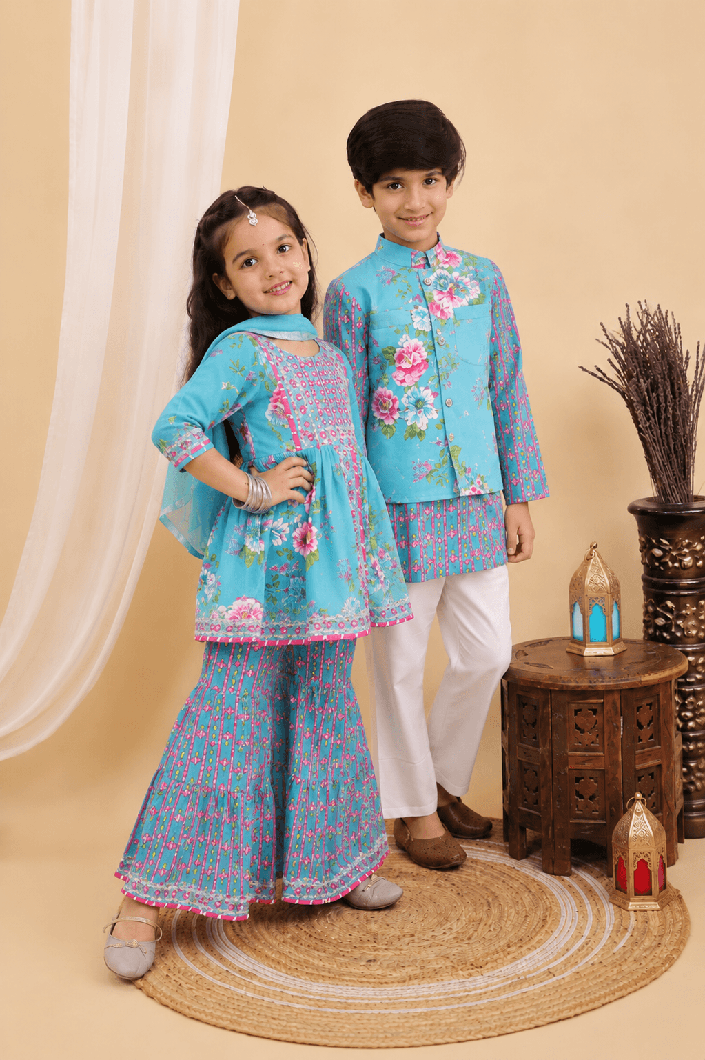 Baby Blue Jaipuri Sibling Set for Kids – Festive Ethnic Wear