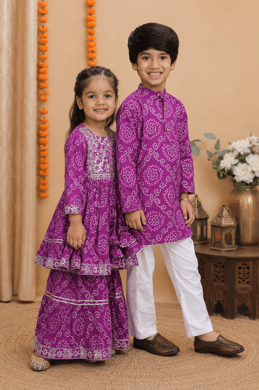 Purple Jaipuri Sibling Combo Set for Kids – Festive Ethnic Wear