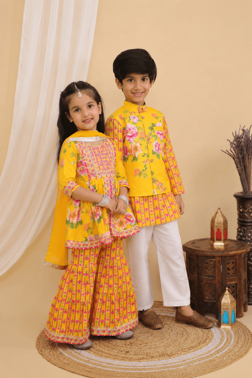 Bright Yellow Jaipuri Sibling Set for Kids – Festive Ethnic Wear