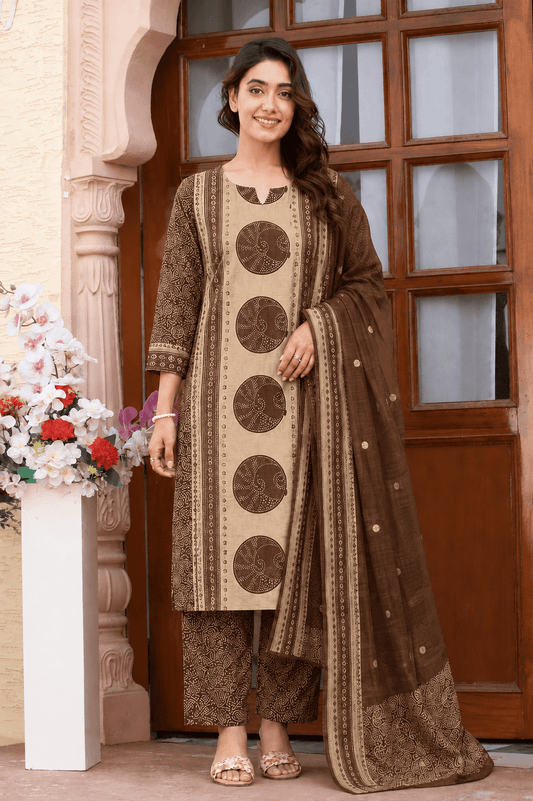 Women's Maroon and Beige Pure Cotton Bandhani Printed Kurta Pant Set with Dupatta – 3-Piece Traditional Paneled Straight Suit Set
