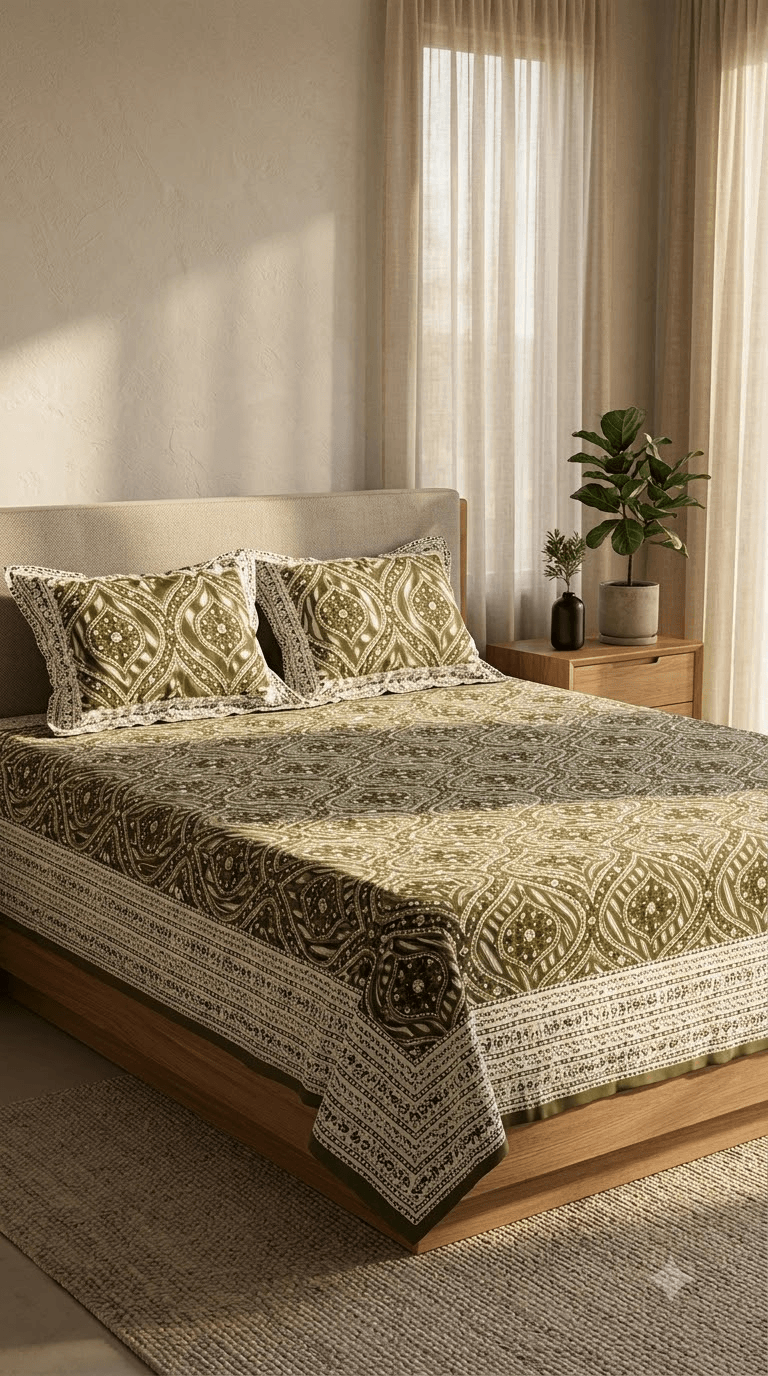 Olive Green and Gold Block-Print Style Cotton Double Bedsheet with Pillow Covers