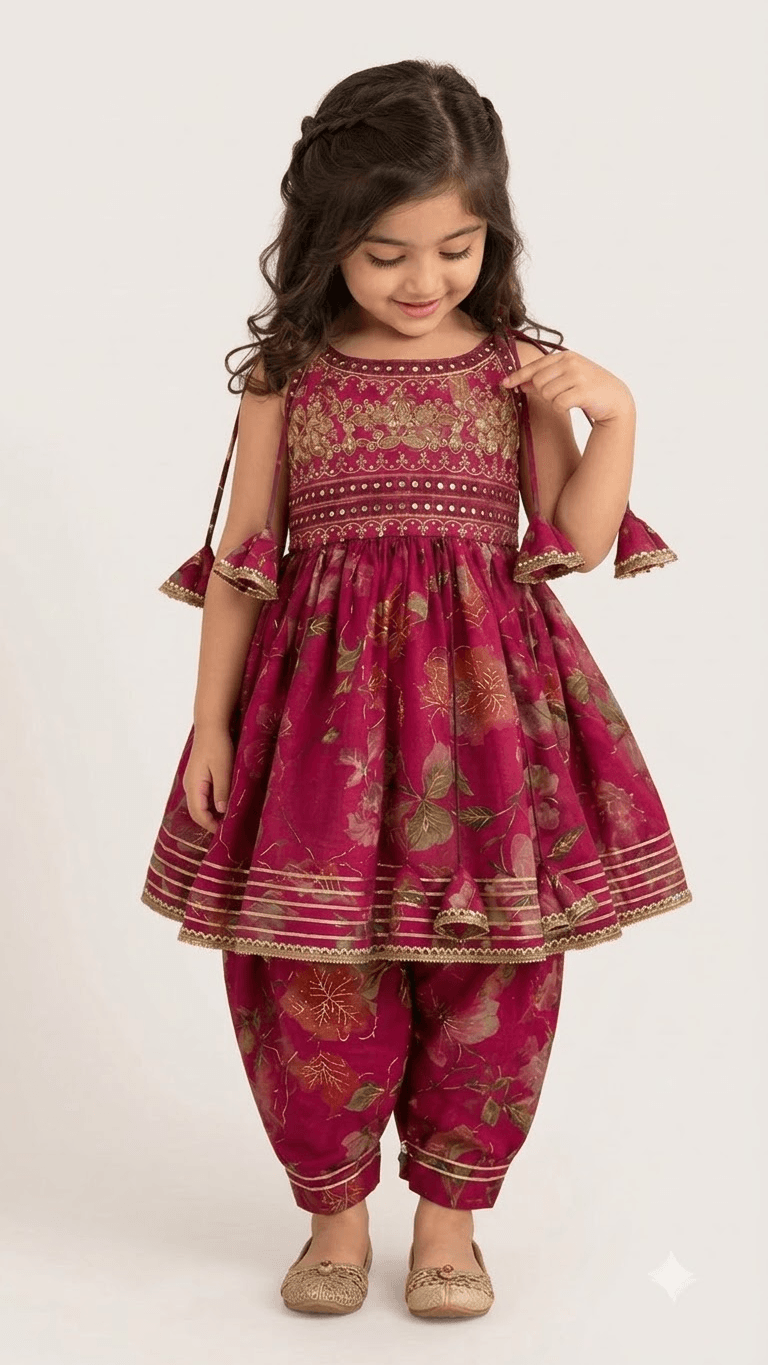 Girls Magenta Pink Floral Printed Peplum Kurta with Dhoti Pant Set