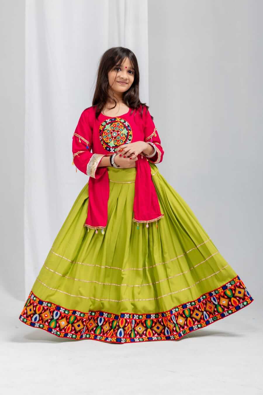 Girls Navratri Special Pink & Olive Green Cotton Lehenga Choli Set with Mirror Work