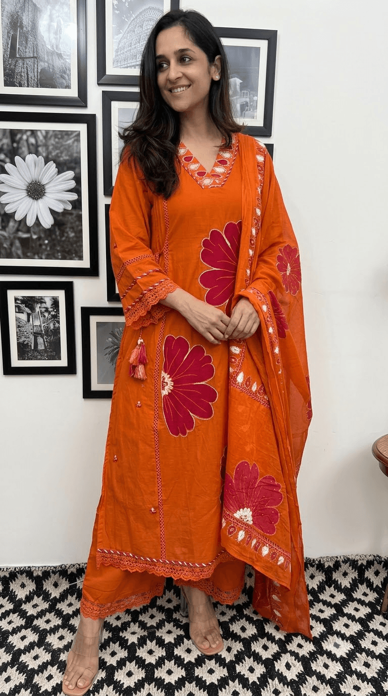 Orange Embroidered Cotton Kurta, Salwar with Dupatta Set