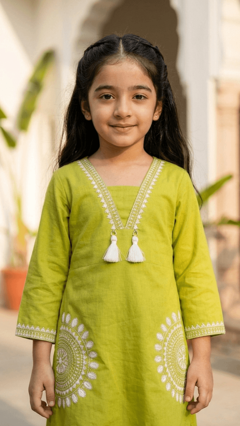 Girls Lime Green Embroidered Kurta and Palazzo Co-Ord Set | Kids Indo-Western Traditional Cotton Festive Wear Dress