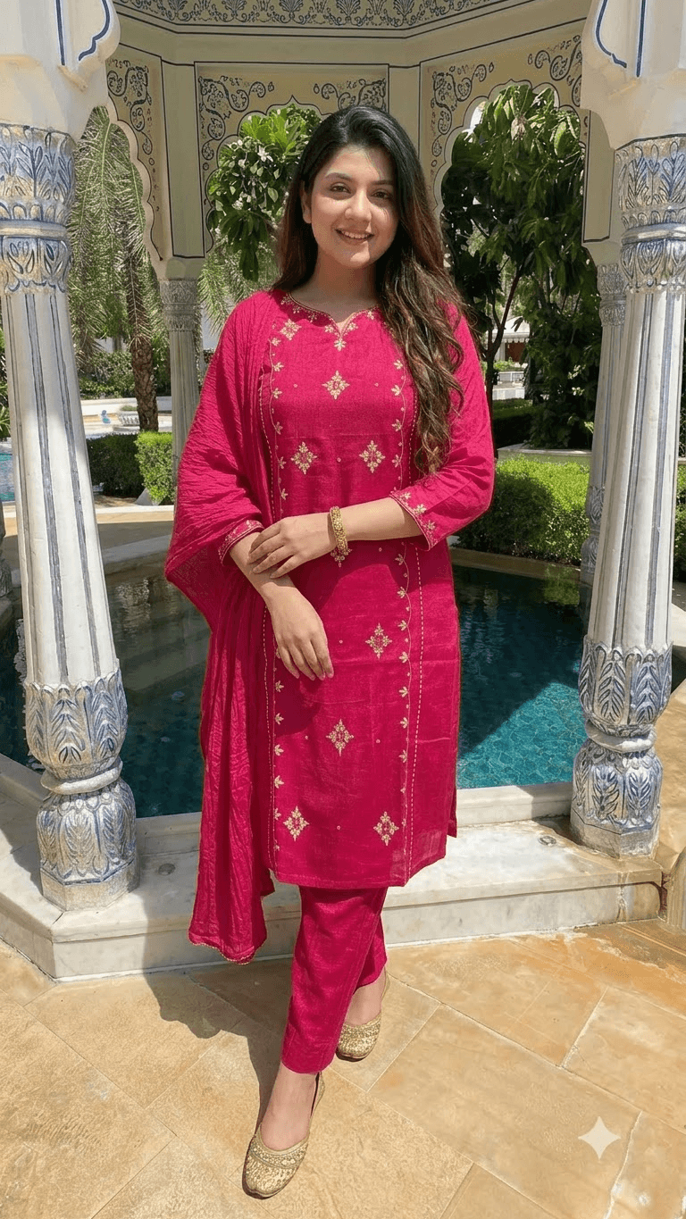 Maroon Embroidered Cotton Kurta with Sharara and Dupatta Set