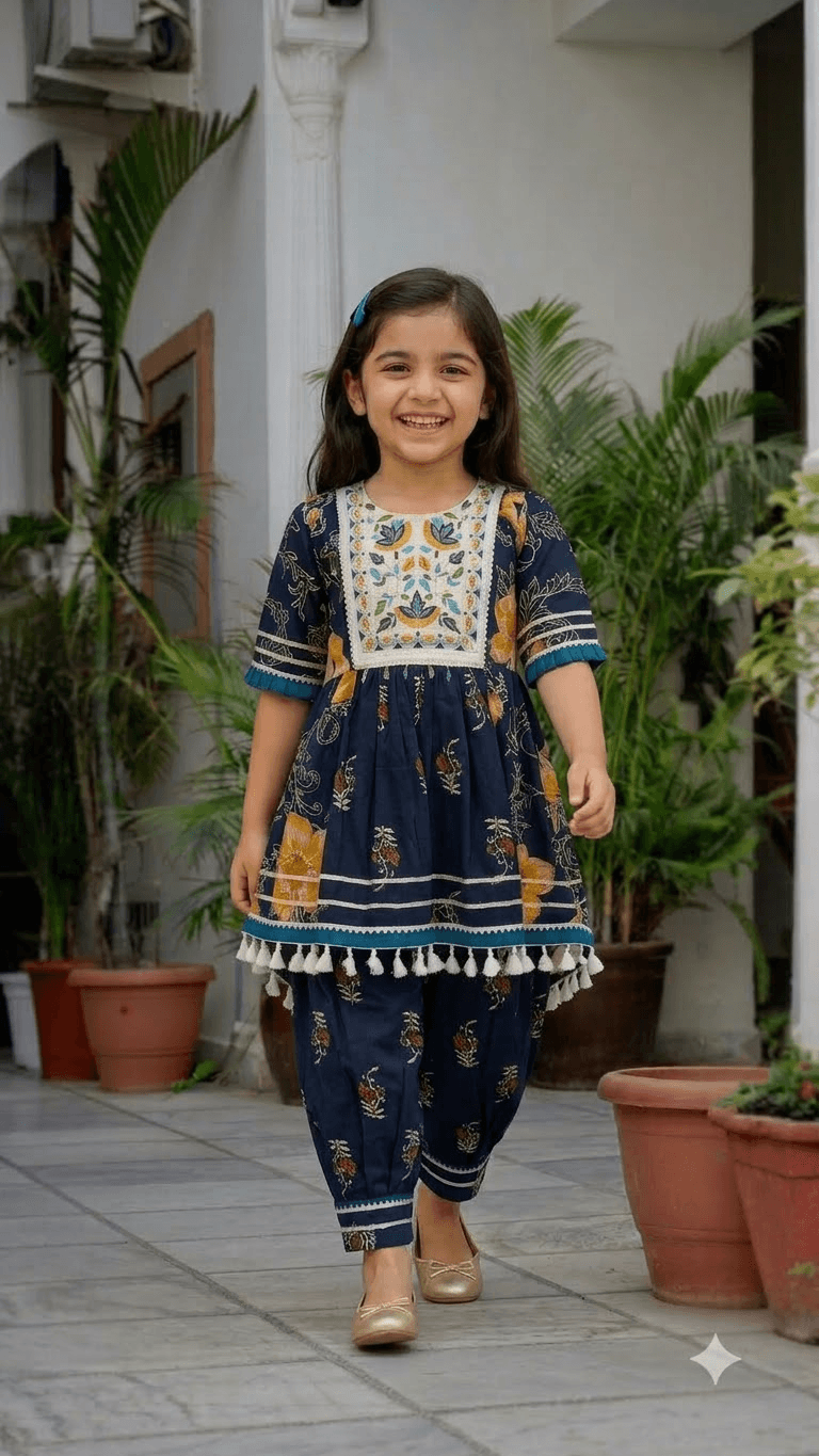Girls Navy Blue Floral Printed Cotton Kurta with Dhoti Pant Set & Embroidered Yoke