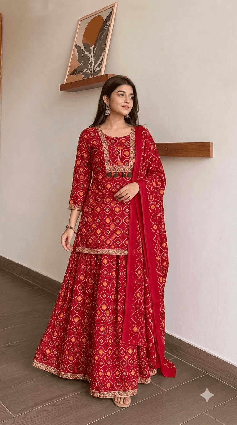 Red Bandhani-Print Cotton Kurta with Sharara and Dupatta Set
