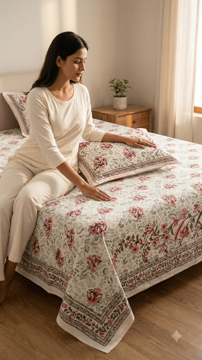 Pink and Burgundy Floral Block-Print Style Cotton Double Bedsheet with Pillow Covers