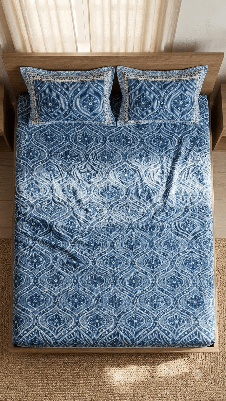 Blue and Indigo Block-Print Style Cotton Double Bedsheet with Pillow Covers