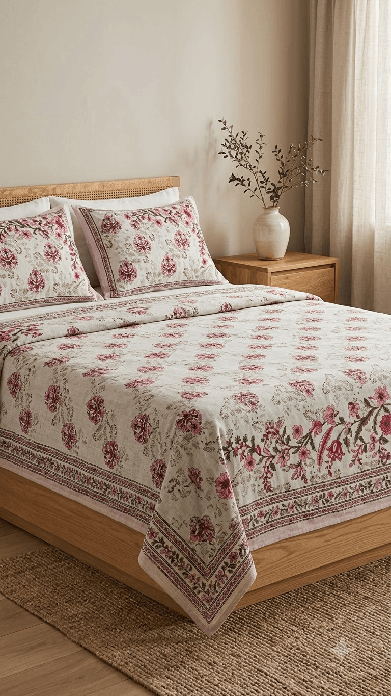 Pink and Burgundy Floral Block-Print Style Cotton Double Bedsheet with Pillow Covers