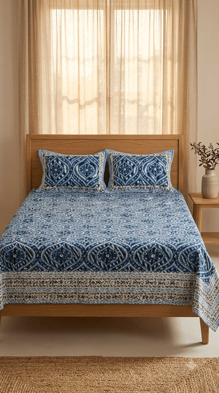 Blue and Indigo Block-Print Style Cotton Double Bedsheet with Pillow Covers
