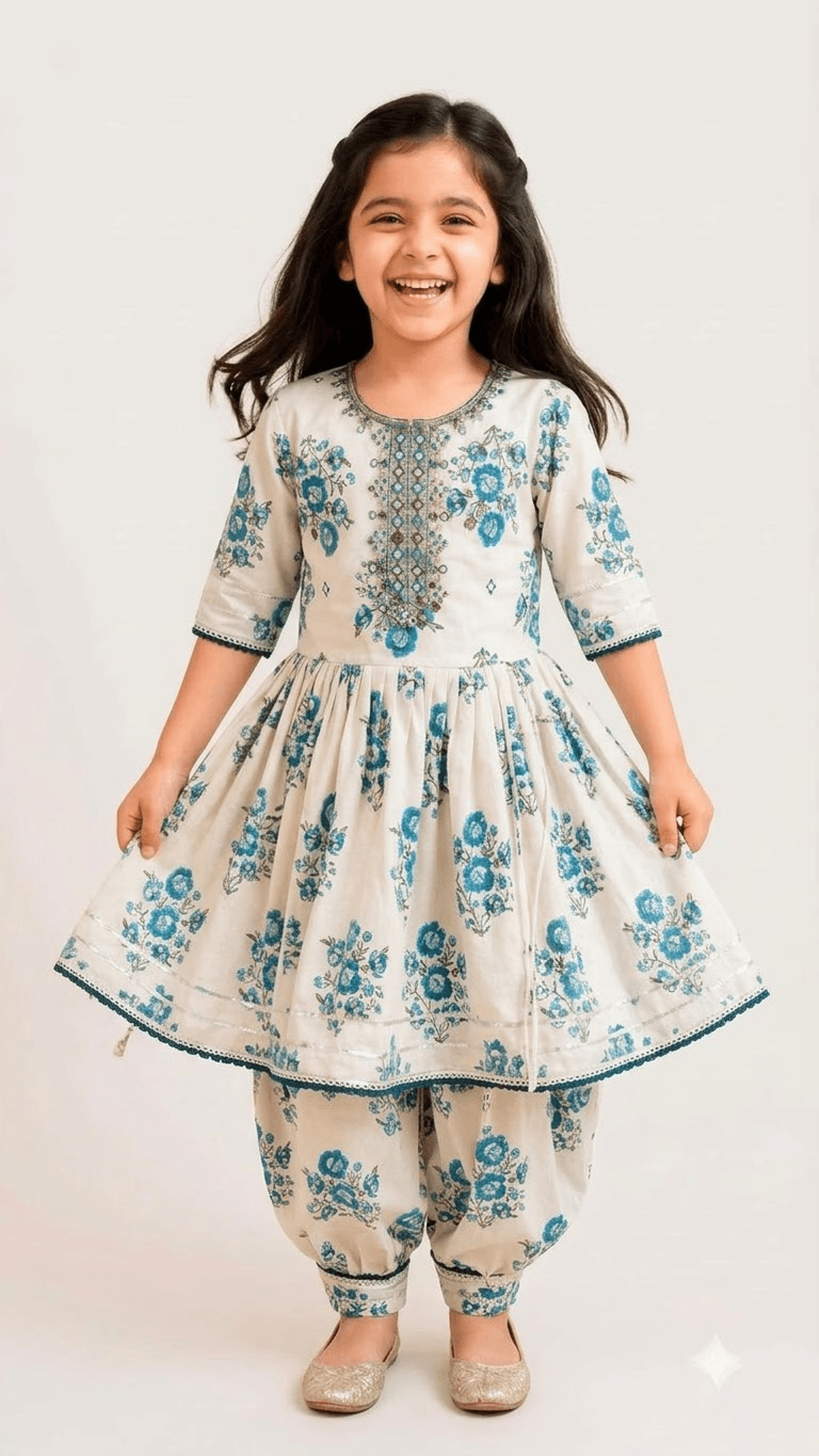 Girls Off-White & Turquoise Blue Floral Printed Cotton Kurta with Dhoti Pant Set