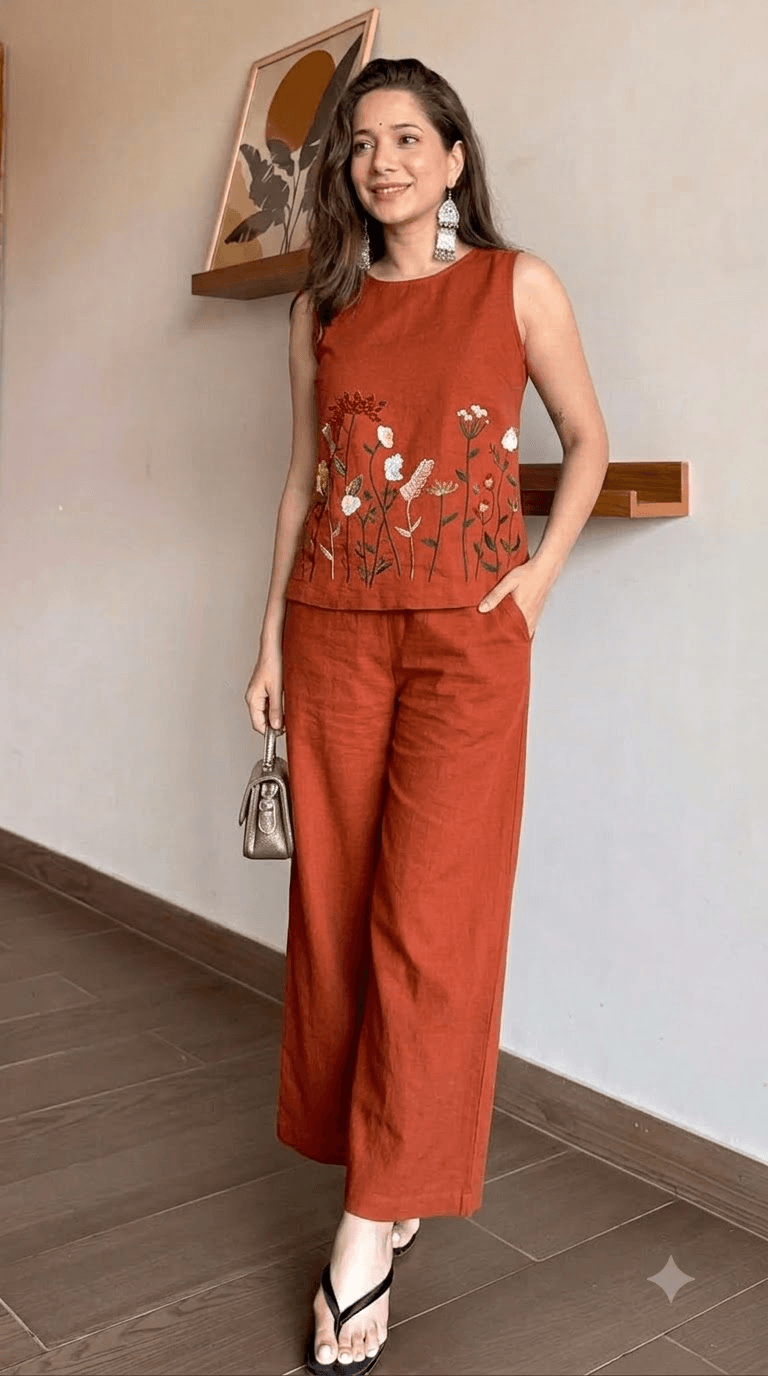 Rust Orange Embroidered Cotton Sleeveless Top with Wide-Leg Trouser Set