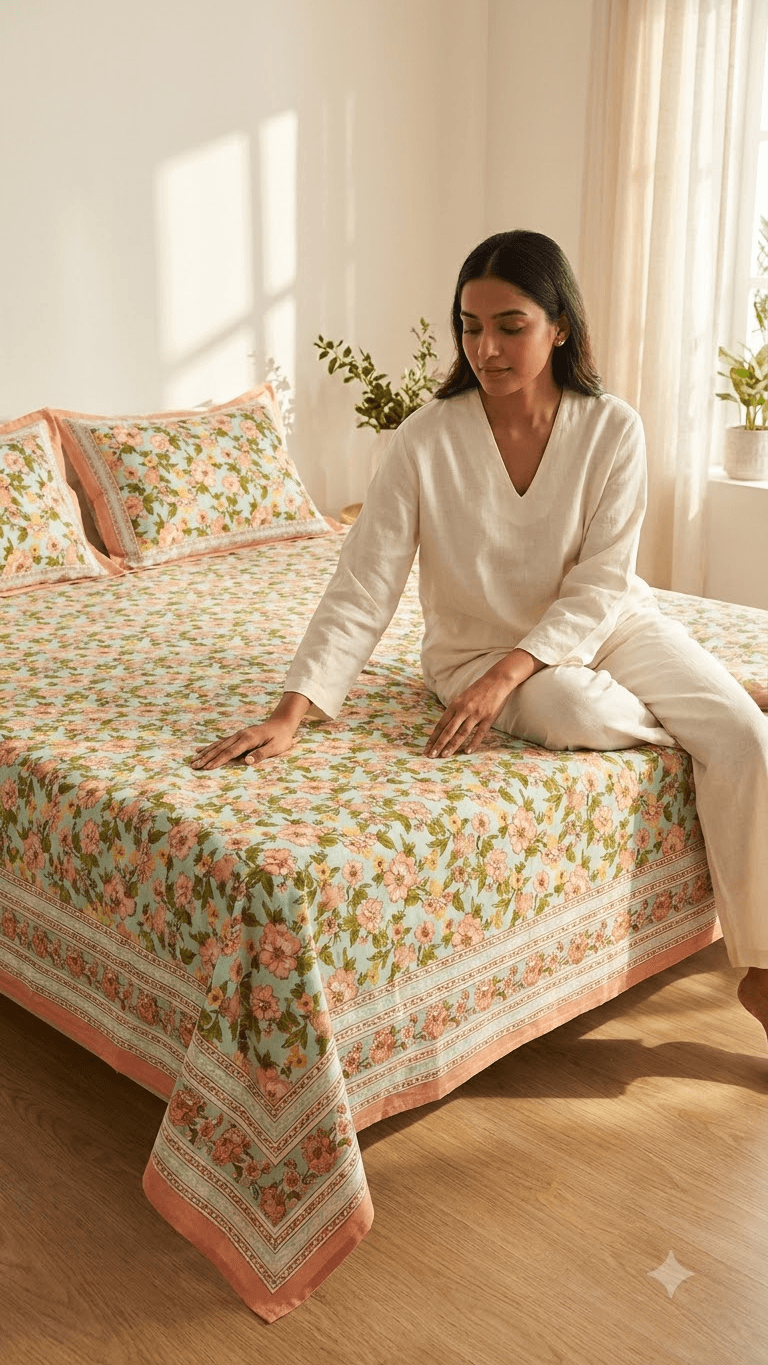 Mint Green and Peach Floral Block-Print Style Cotton Double Bedsheet with Pillow Covers
