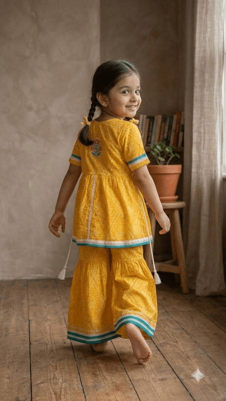 Girls Mustard Yellow Bandhani Printed Cotton Sharara Suit Set with Embroidered Yoke