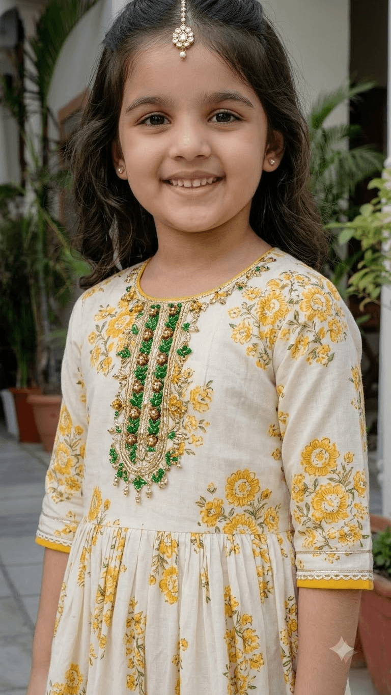 Girls Off-White & Yellow Floral Block Printed Cotton Kurta with Dhoti Pant Set