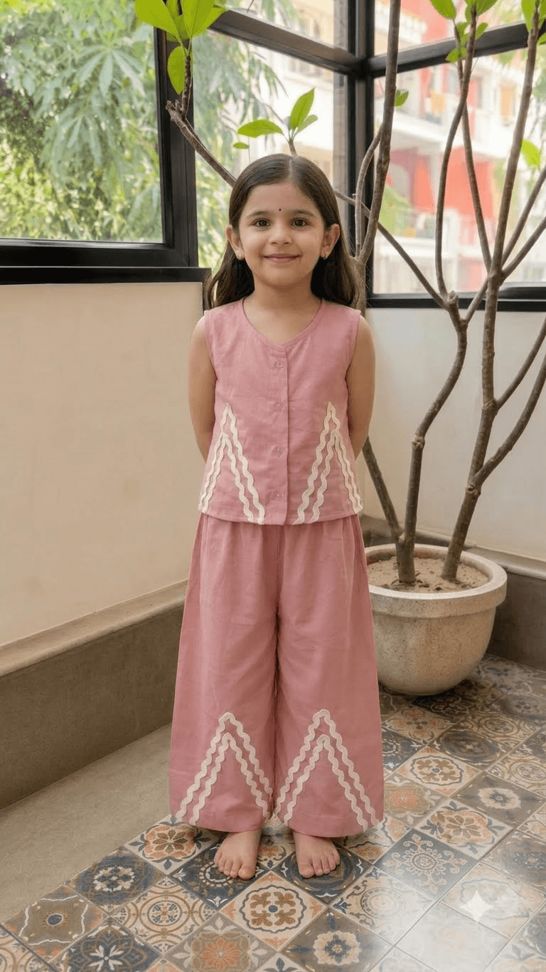 Girls Dusty Rose Pink Cotton Vest Top & Wide-Leg Pants Co-Ord Set with Lace Work