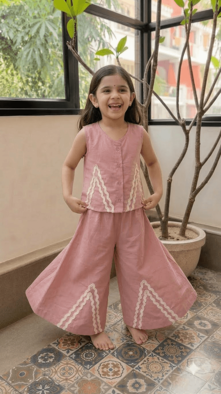 Girls Dusty Rose Pink Cotton Vest Top & Wide-Leg Pants Co-Ord Set with Lace Work