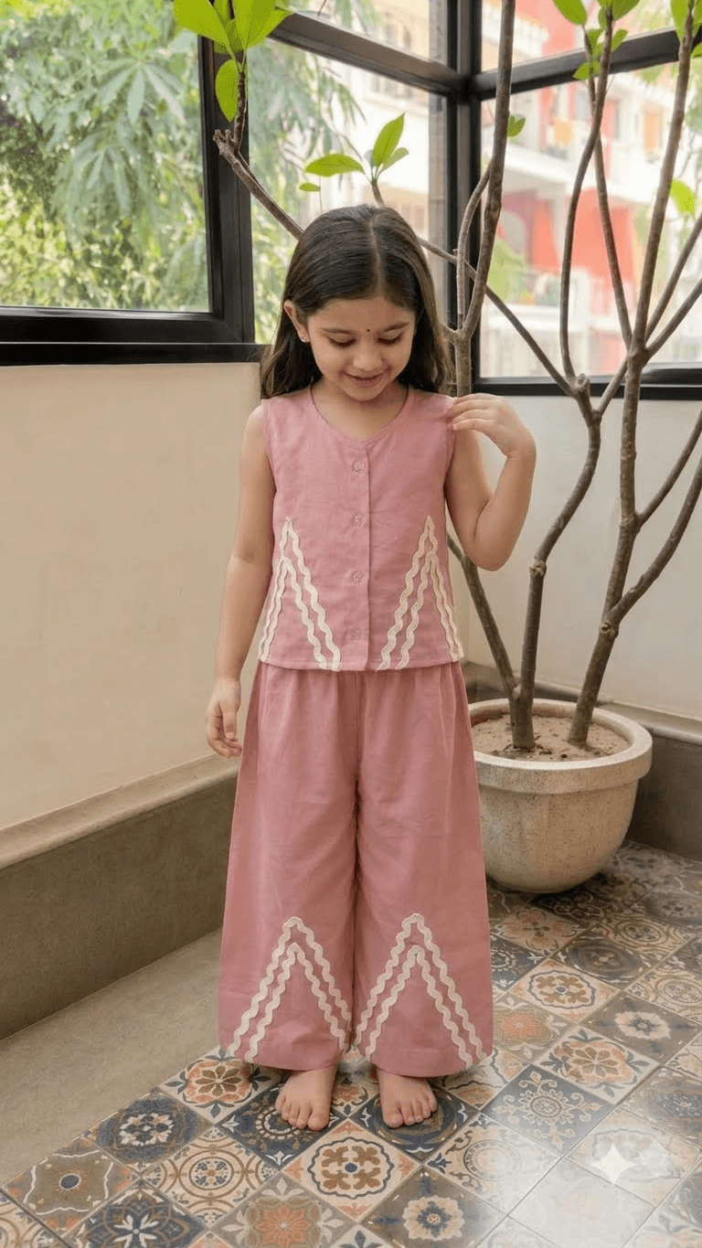 Girls Dusty Rose Pink Cotton Vest Top & Wide-Leg Pants Co-Ord Set with Lace Work