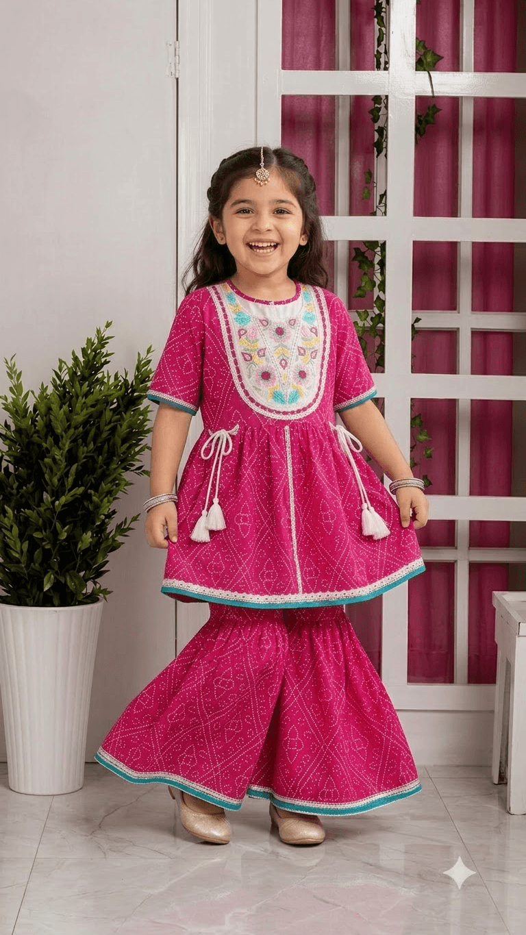 Girls Fuchsia Pink Bandhani Printed Cotton Sharara Suit Set with Embroidered Yoke