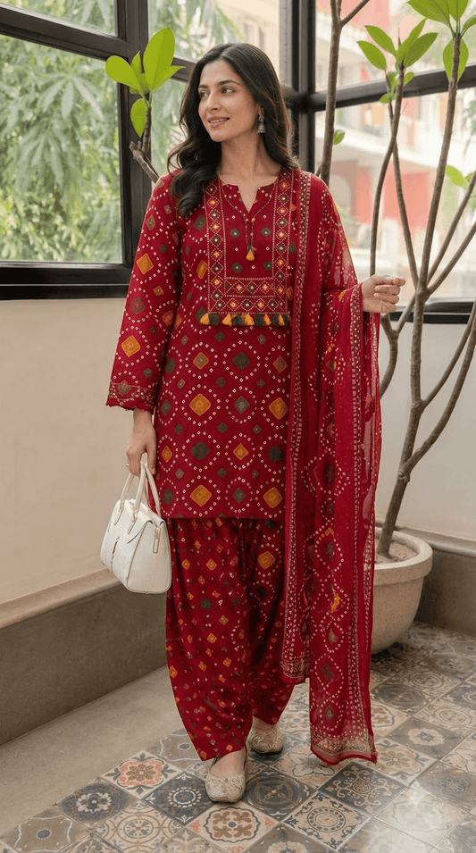 Women Maroon Bandhani Printed Cotton Patiala Suit Set with Dupatta