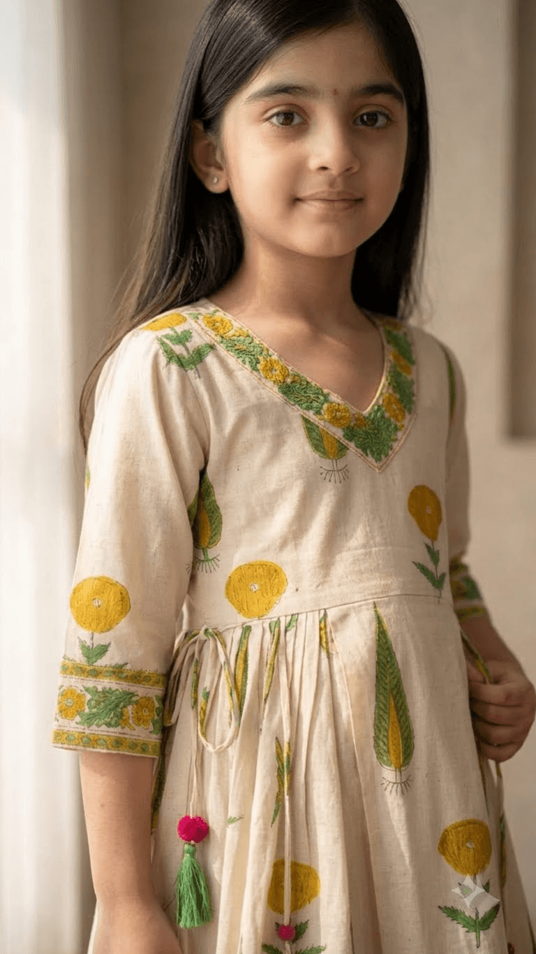 Girls Off-White & Yellow Hand Block Printed Cotton Angrakha Kurta with Pant Set