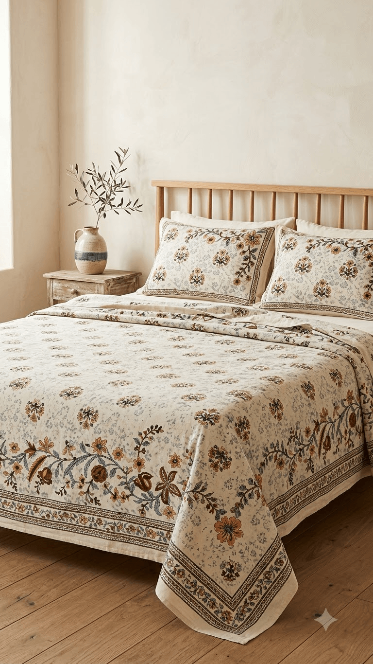 Charcoal and Off-White Floral Block-Print Style Cotton Double Bedsheet with Pillow Covers