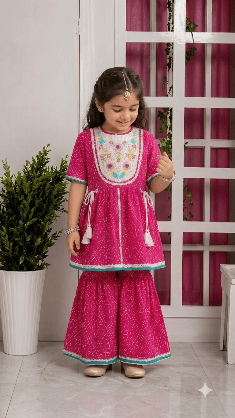 Girls Fuchsia Pink Bandhani Printed Cotton Sharara Suit Set with Embroidered Yoke