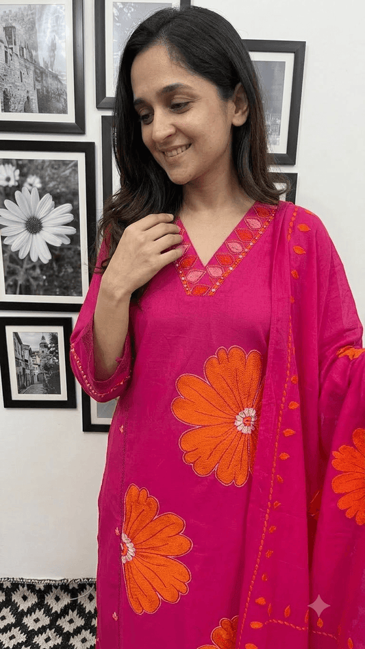 Hot Pink Embroidered Cotton Kurta, Salwar with Dupatta Set