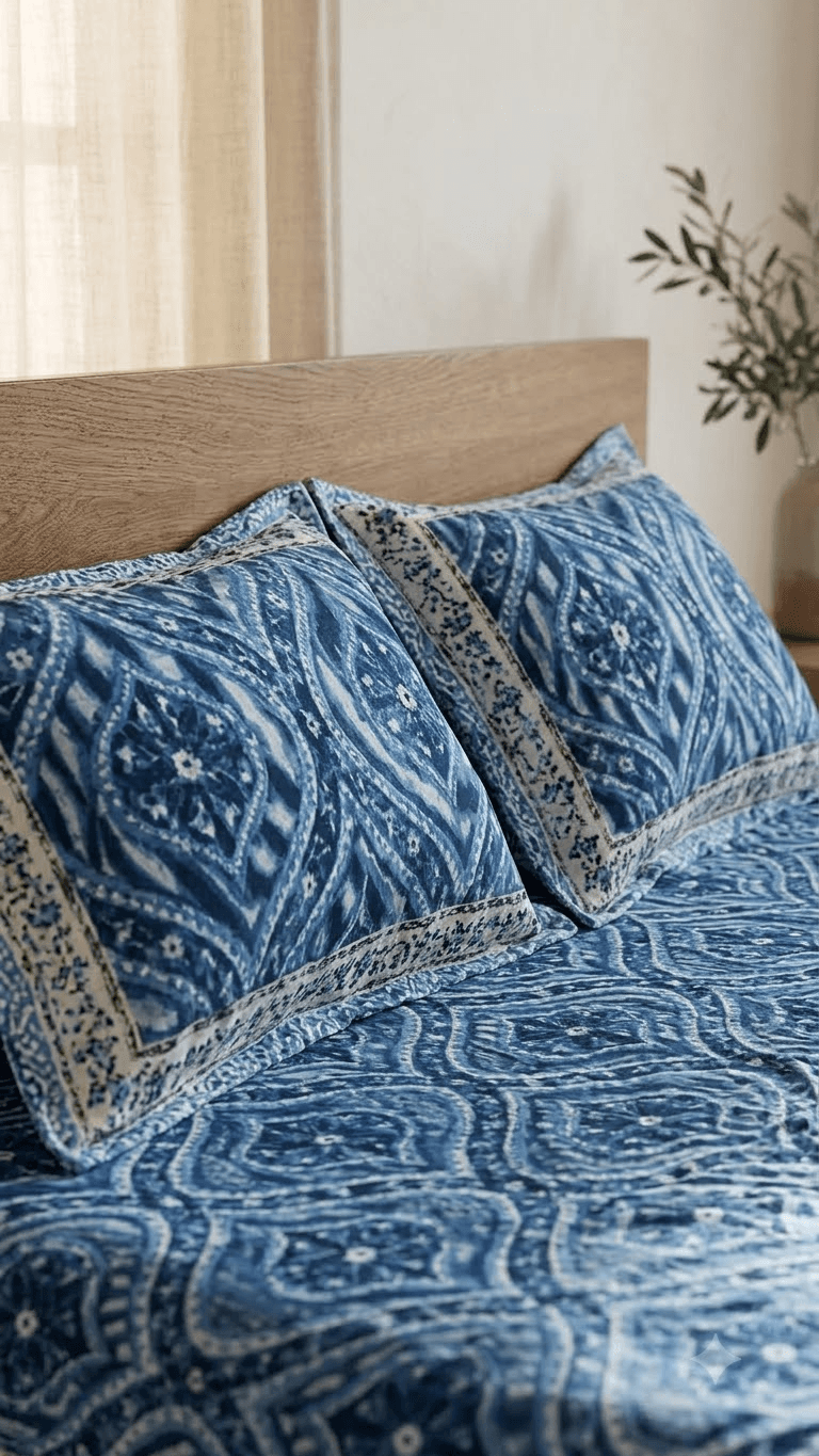 Blue and Indigo Block-Print Style Cotton Double Bedsheet with Pillow Covers
