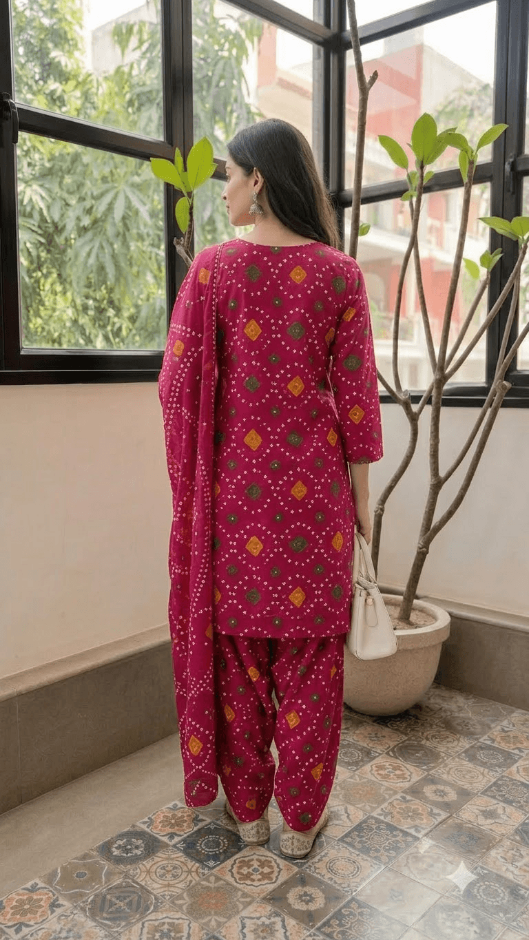 Women Magenta Bandhani Printed Cotton Patiala Suit Set with Dupatta