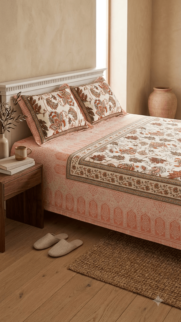 Terracotta and Peach Floral Block-Print Style Cotton Double Bedsheet with Pillow Covers