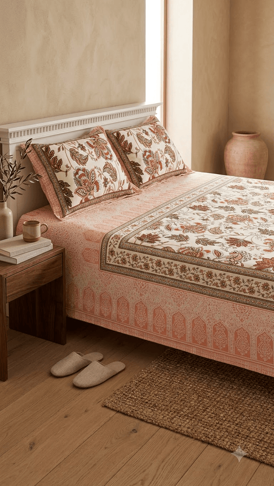 Terracotta and Peach Floral Block-Print Style Cotton Double Bedsheet with Pillow Covers