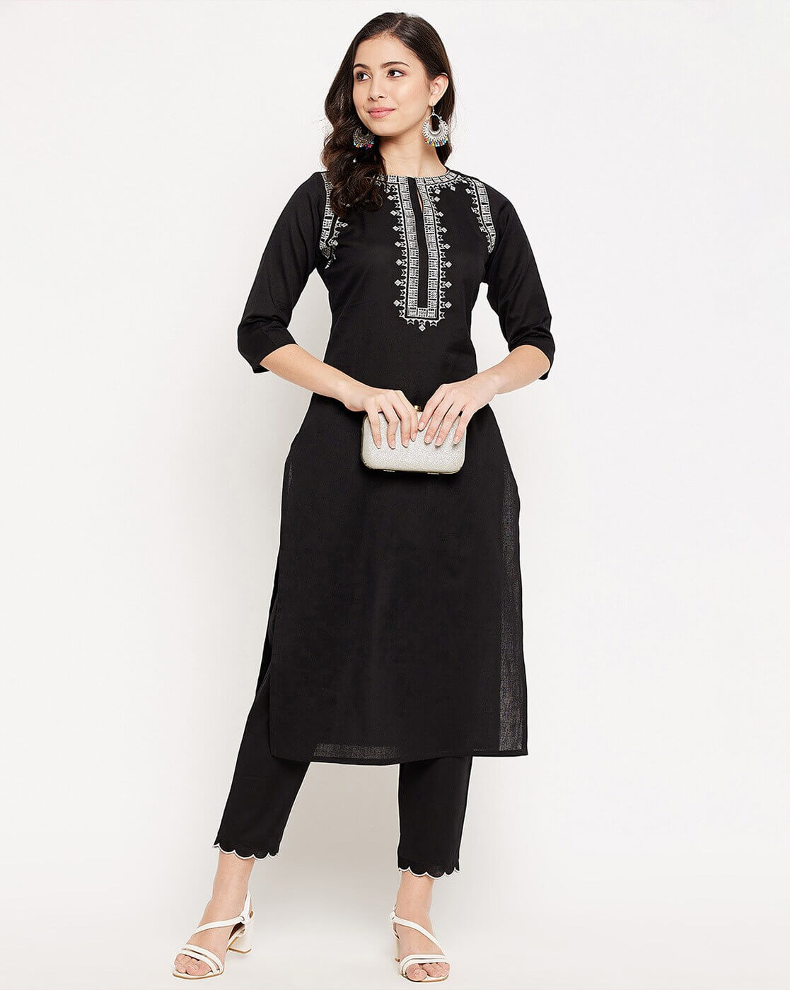 Black & Off-White Geometric Thread Embroidered Kurta Set with Scalloped Pants