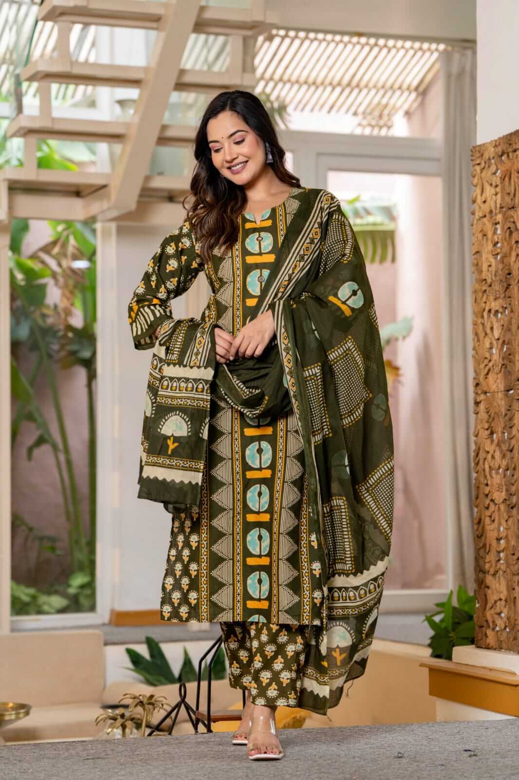 Olive Green Block Printed Cotton Kurta Set with Straight Pants & Matching Dupatta