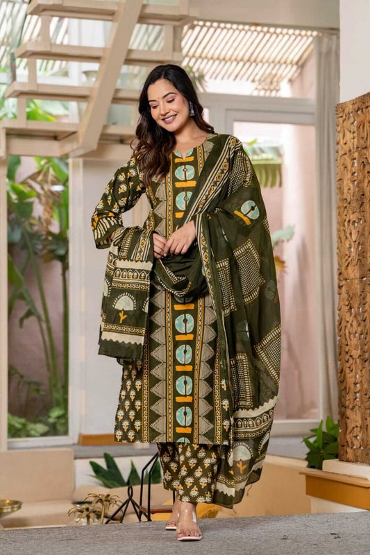 Olive Green Block Printed Cotton Kurta Set with Straight Pants & Matching Dupatta